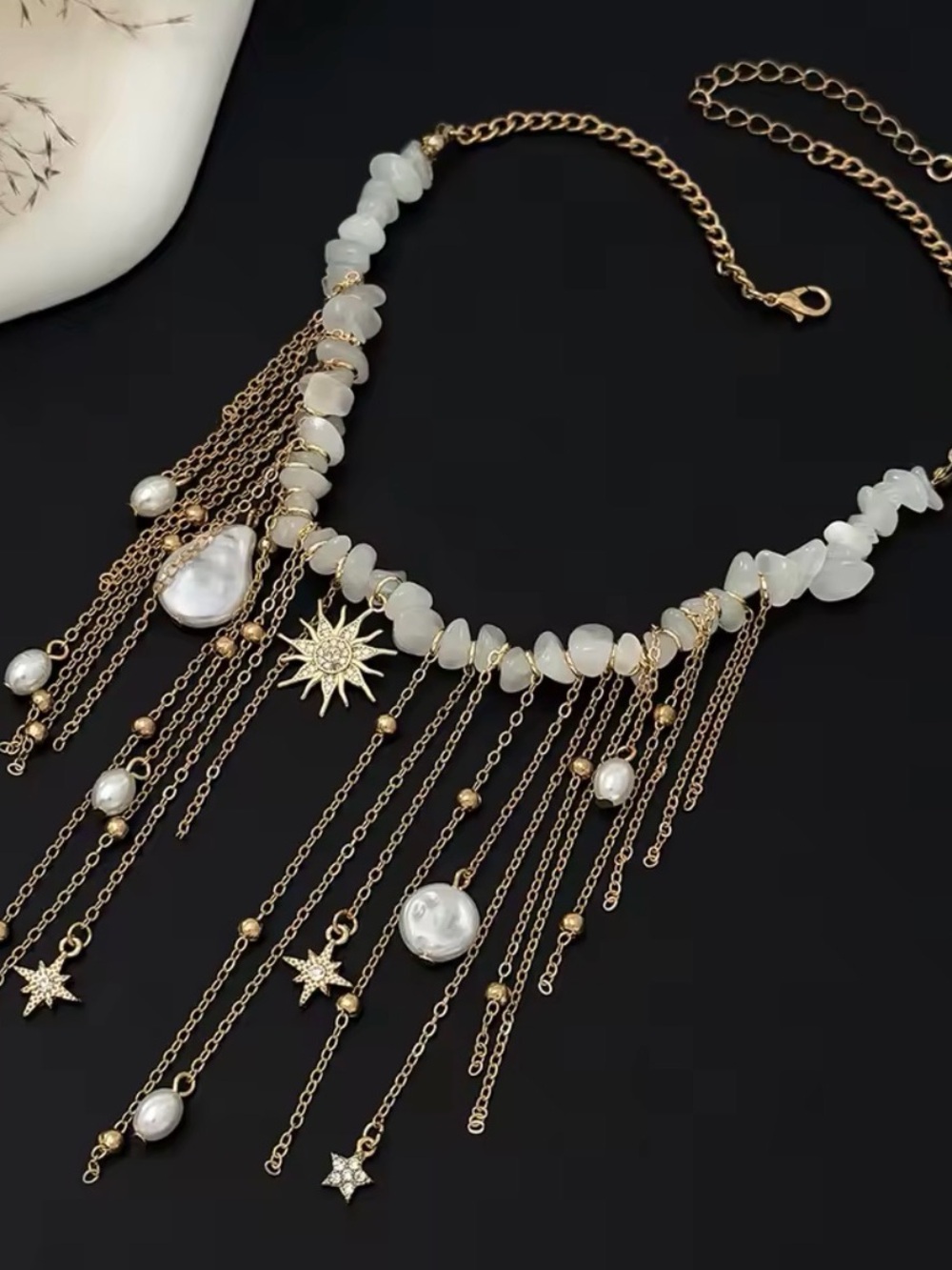 Celestial Pearl Waterfall Statement Necklace | Boho Luxury Gold Chain Choker - Picture 7 of 7